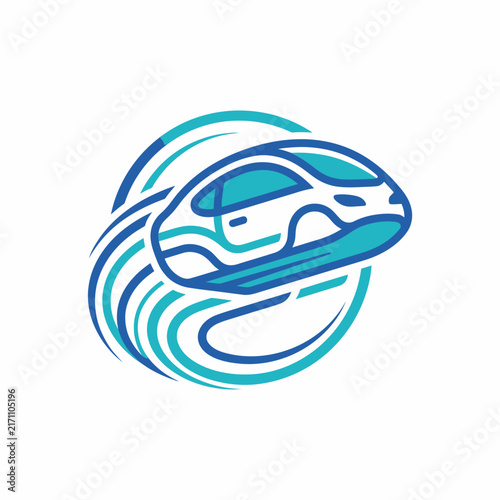 Futuristic flying car logo icon representing high speed electric vehicle in motion with dynamic blue trails