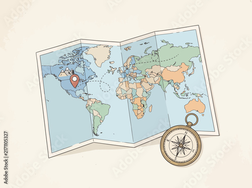 Vintage World Map and Compass Illustration for Global Travel and Exploration Adventures