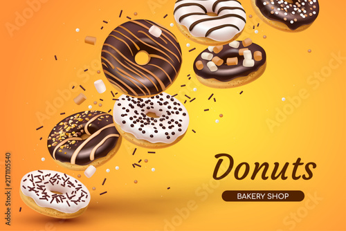 Banner for bakery shop with white and black chocolate donuts sprinkles sugar glaze, marshmallows and chopped nuts. Fast food isolated on the orange background. Realistic style. 