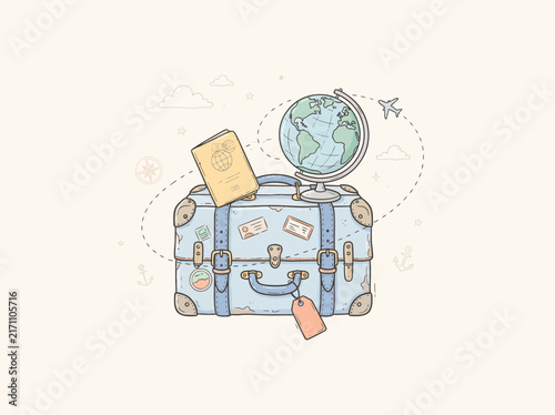 Vintage suitcase with passport and globe, symbolizing travel and exploration with airplane in background