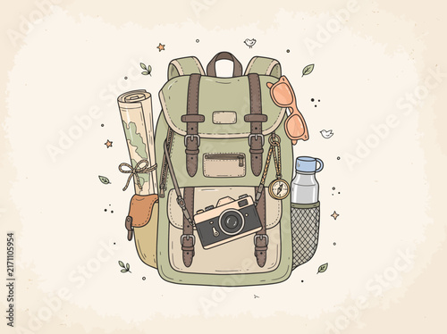 Vintage Style Travel Backpack Equipped With Adventure Gear Including A Camera Map And Water Bottle For Outdoor Exploration Illustration