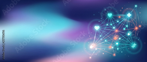 Abstract background with medical connectivity dots and lines depicting digital health networks. This design is intended for medical tech presentations during International Day of Radiology.