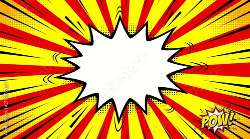 Vibrant comic book speech bubble featuring bold red and yellow sunburst rays and dot patterns