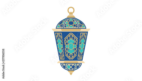 Beautifully detailed blue and gold Islamic lantern vector design with intricate geometric patterns on white background.