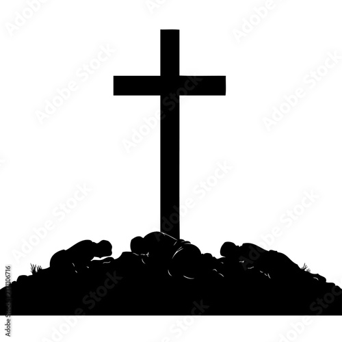Silhouette of people praying at the foot of a Christian cross on a hill