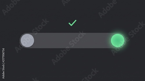 Digital toggle switch interface element featuring bright glowing green circle with checkmark on dark background
