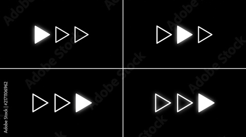 Glowing white play button arrows arranged in four distinct grid panels against a solid black background