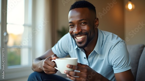 A cheerful Black man enjoying a cup of coffee in a cozy, sunlit room.