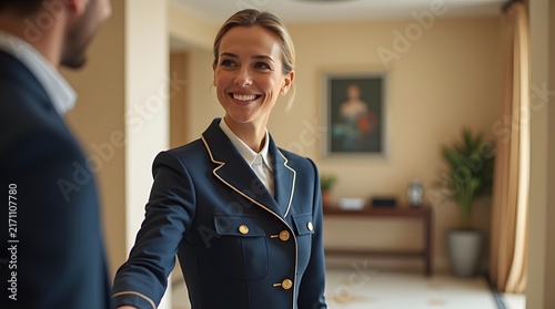Smiling Caucasian female hotel receptionist greets a male guest in an elegant lobby.