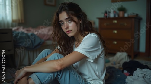 A young Caucasian woman with wavy hair sits pensively on the floor of a cluttered room, reflecting a mood of introspection.