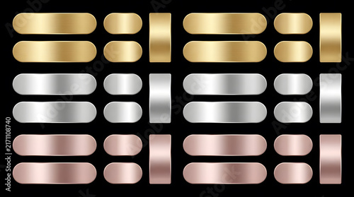 Gold Silver and Rose Gold Metallic Button Set, Premium Metal UI Web Labels Pack, Brushed Metallic Plates Set on Black Background