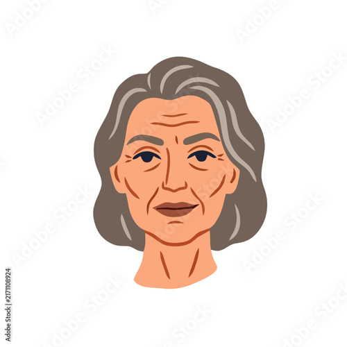 Senior woman portrait avatar elderly female face flat vector illustration.