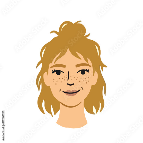 Young woman face portrait avatar in minimal flat vector style.