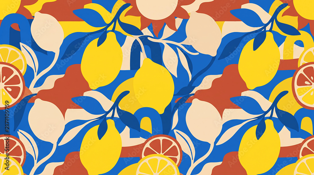 Fresh lemon fruit seamless pattern with citrus slices and blue leaves vector illustration