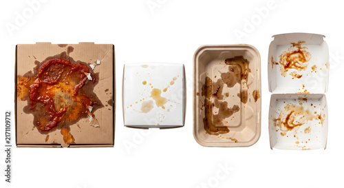 Fotografía Discarded cardboard pizza boxes and dirty food containers with grease stains on transparent background
