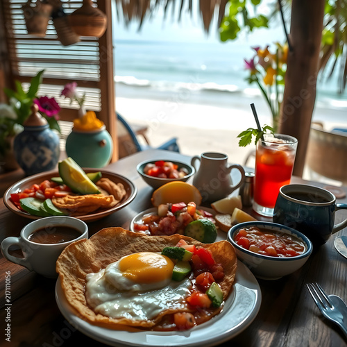 Traditional Seaside Mexican Cuisine Featuring Spicy Eggs, Creamy Beans, Fresh Avocado and Warm Handmade Tortillas