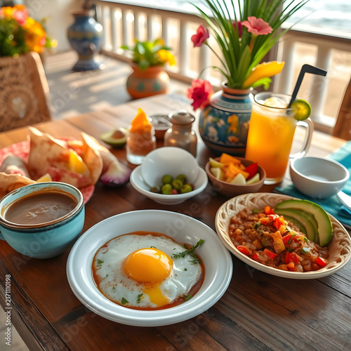 Rustic Coastal Mexican Breakfast Table with Huevos Rancheros, Grilled Vegetables, Tropical Fruit and Mexican Coffee
