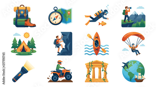 Dynamic Illustrated Collection of Vibrant Adventure and Exploration Icons with Bright Colors and Diverse Activities
