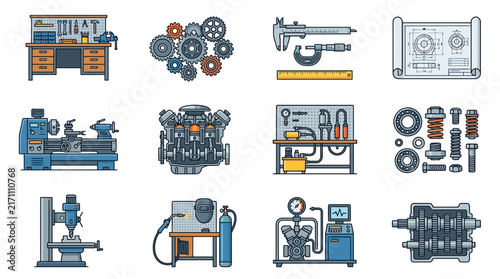 Dynamic Illustrated Collection of Mechanical Engineering Tools Machines and Components in Vibrant Colors