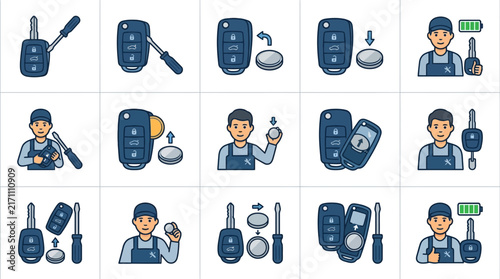 Dynamic Illustrated Guide to Car Key Fob Programming and Battery Replacement with Mechanic with high quality professional line art symbols for modern creative design and digital branding projects
