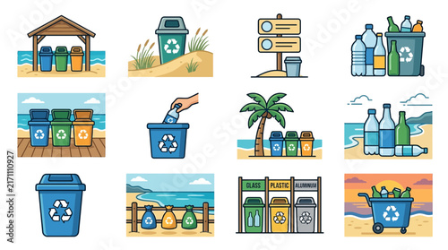 Dynamic Illustrated Guide to Beach and Outdoor Recycling Stations with Colorful Bins Bottles and Signage