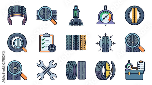 Dynamic Illustrated Guide to Car Tire Inspection Maintenance and Safety Checks with Colorful Icons