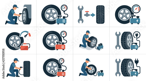 Dynamic Illustrated Guide to Car Tire Maintenance and Repair Techniques with Tools and Equipment
