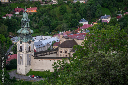 Canvas Print Old Castle of Banska Stiavnica with its green onion dome seen from the hill abov