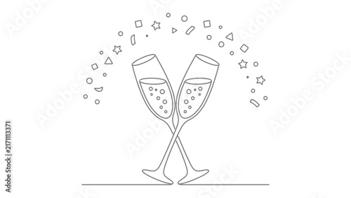 Champagne Toast: Two elegant champagne flutes, crossed in a celebratory toast, sparkle with effervescence under a cascade of festive confetti.