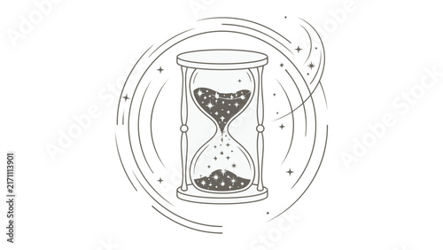 Принти на полотні Timeless Voyage: An antique hourglass with sparkling sand drifts through a cosmic swirl of stars and orbital lines, symbolizing the ephemeral nature of time and the vastness of the universe