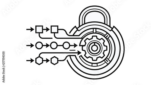 Digital Lock Mechanism: An intricate illustration of a digital lock mechanism, symbolizing data security and secure access, featuring a gear system integrated with a padlock icon and data flow lines.