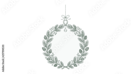 Holiday Wreath Ornament: A delicate, circular ornament crafted from evergreen branches, pinecones, and berries, adorned with a subtle sparkle and hanging elegantly from a ribbon.