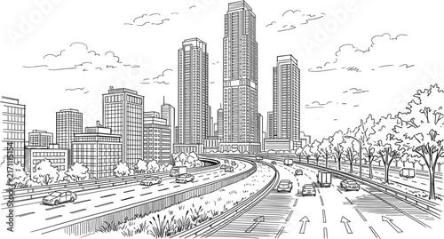 Urban city highway and skyscrapers landscape perspective view sketch coloring book page hand drawn vector illustration