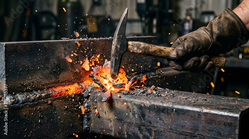 Blacksmith strikes a piece of hot glowing metal with a steel hammer in an industrial forge environment.