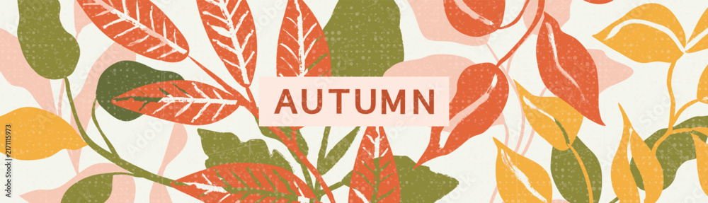 Naklejka premium Autumn banner with stylized textured leaves and branches for seasonal design. Modern artistic style with grainy texture and warm colors, vector illustration.