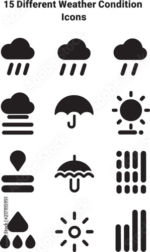 Weather Condition Icons Set Featuring Sun Clouds Rain and Storm Symbols