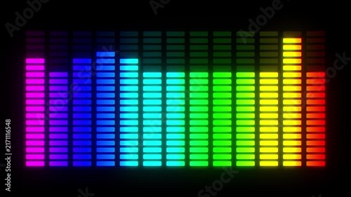 Dynamic rainbow vertical audio spectrum equalizer bars. Pulsing music visualization on black background. Digital frequency equalizer sound signal visualization. Frequency level indicator