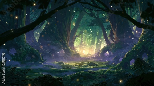 Surreal forest scene: glowing orbs among ancient trees and soft glow