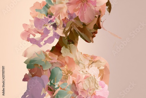 Surreal Floral Collage of a Woman, Made from Flowers and Leaves in a Watercolor-inspired Palette