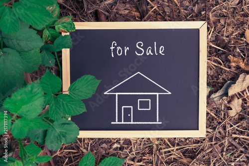 A chalkboard with a simple house drawing and 'for sale' text placed outdoors among green leaves and dry foliage, suggesting real estate opportunities.