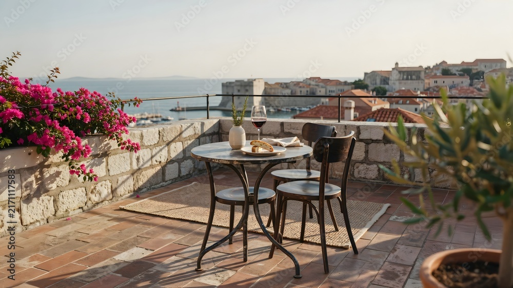 Naklejka premium Romantic seaside balcony with table and chairs overlooking sunset and harbor view