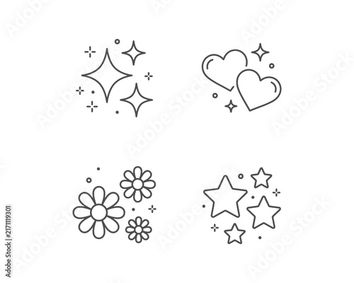 Minimalist linear sparkle icon set with four point stars, double heart shape, daisy flowers, five point stars line art