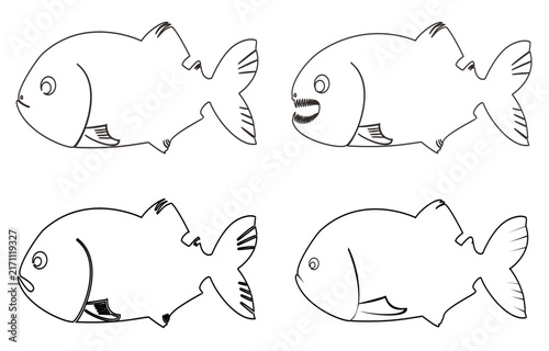 Vector line art of a piranha shape, designed for drawing or coloring education.