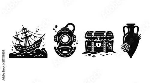 Foto Sailing Ship Diving Helmet Treasure Chest And Amphora Vector Illustrations On Wh