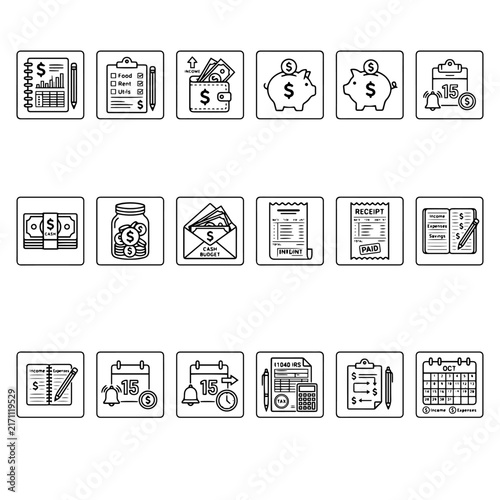 Personal Finance, Budget Planning, and Expense Tracking Vector Icon Set, Minimalist Black Line Piggy Bank, Wallet, Money Jar, Savings Envelope, Receipt, Bill Calendar, and Ledger Symbols for Web UI