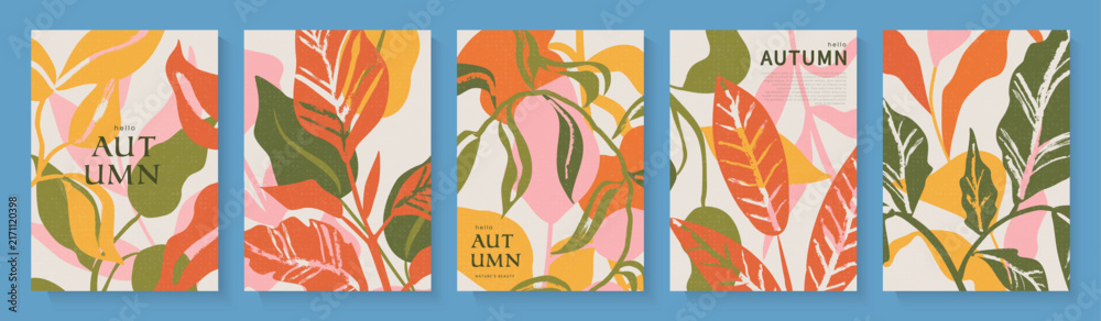 Fototapeta premium Set of autumn card designs in modern flat style with grainy texture. Featuring stylized leaves and branches for seasonal design, greetings and home decor. Vector illustration.