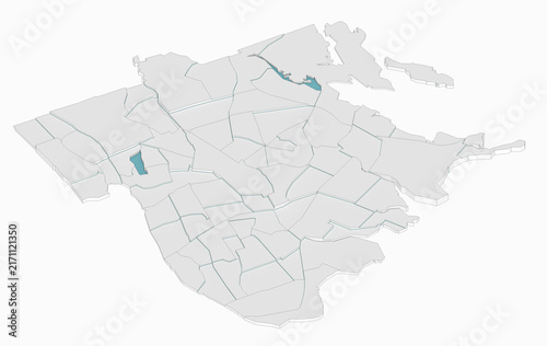 Obraz na plátně Isometric 3d rendering map model of The Bronx borough New York City displaying administrative district sectors and water reservoirs isolated on white
