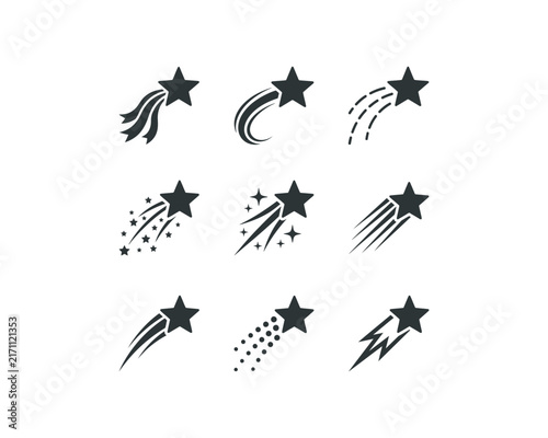 Minimalist falling star logo icons vector set with shooting star trails, comet tail effects, starburst elements