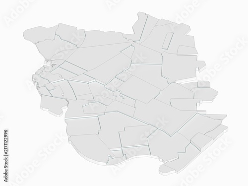 Isometric 3d rendering map model of Brooklyn borough New York City showing administrative neighborhood district sectors isolated on white background.