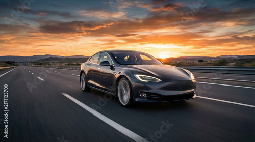 Dark grey Tesla Model S driving on highway at sunset. Electric vehicle, modern car, road trip, automotive industry, clean energy.